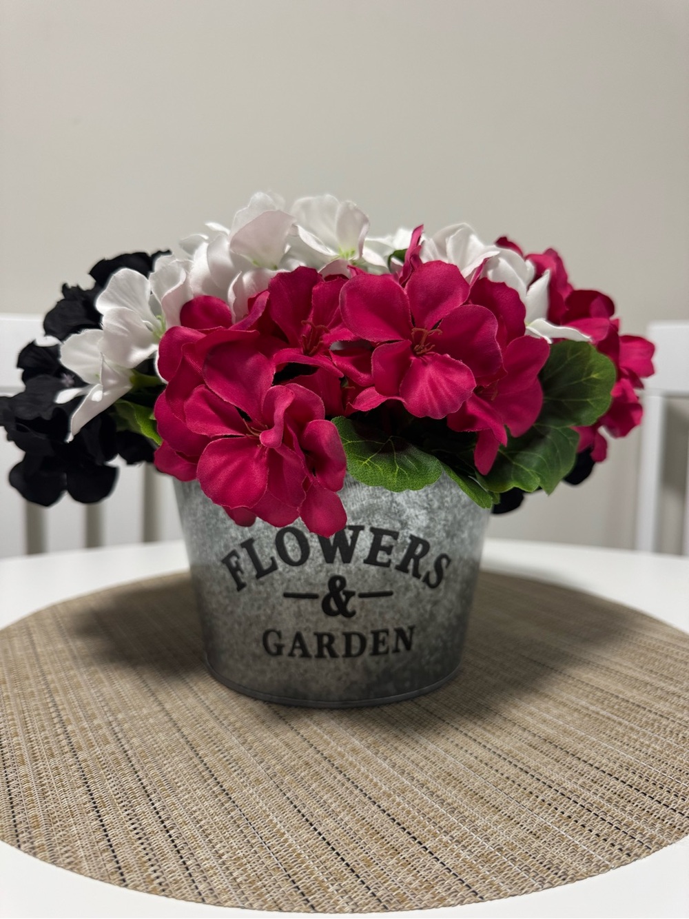 Fuchsia, Pink & White Artificial Flower Arrangement in Metal Garden Bucket